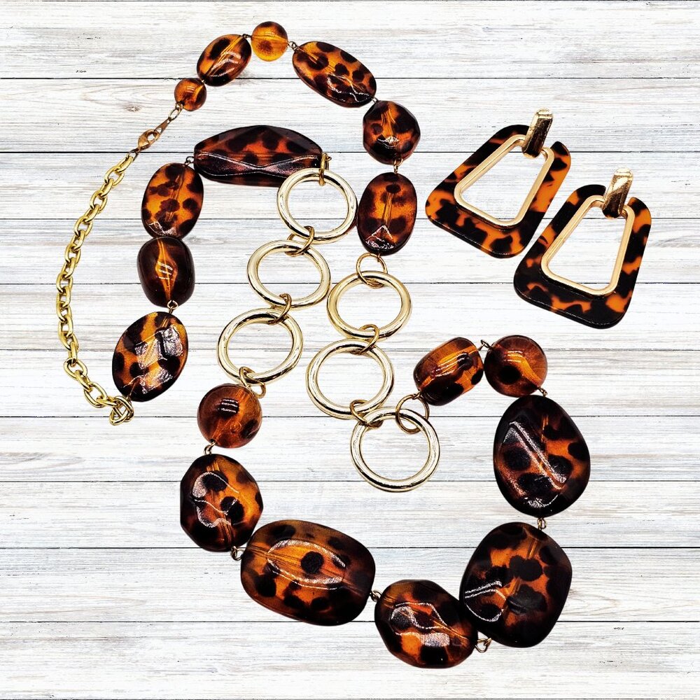 Bold Tortoiseshell Resin Necklace & Geometric Earring Set Gold Tone